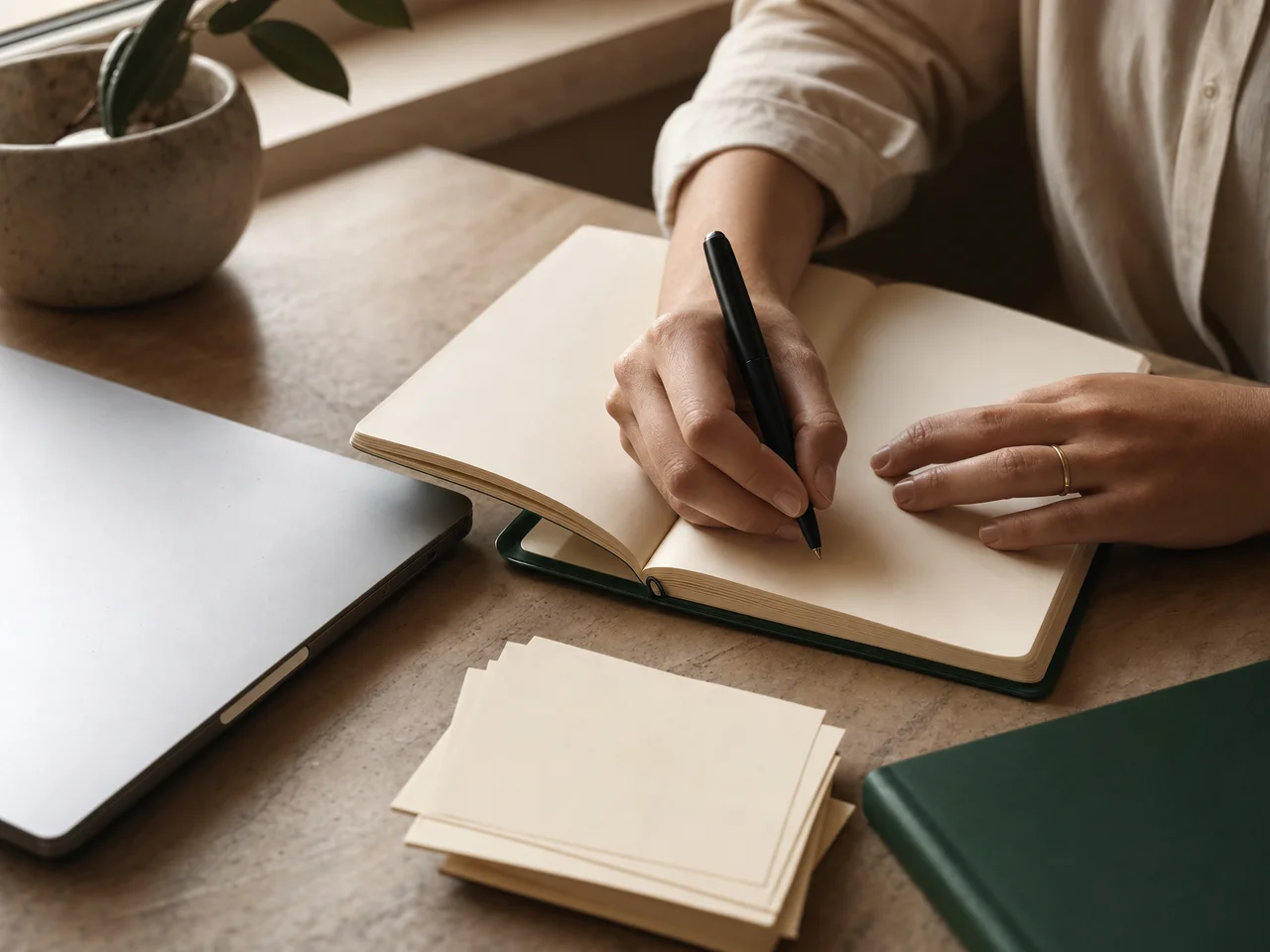 Desk detail — notebook, pen and laptop edge in warm natural light